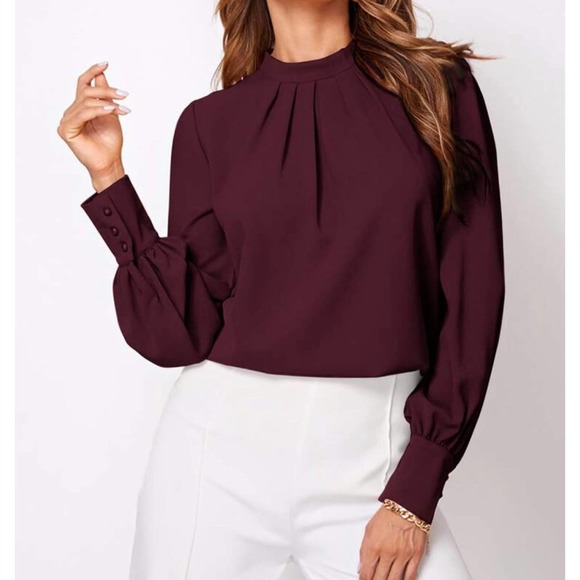 Burgundy Plicated Front, Keyhole Back Longsleeve Blouse Medium NWOT - Picture 7 of 10